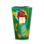 Colorful floral-patterned candle in a green container on a white background