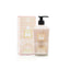 Hand cream bottle with pump and matching box on a white background