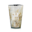 Hand blown glass candle with a visible brand label on a white background