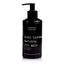 Black body lotion bottle with white text on a white background